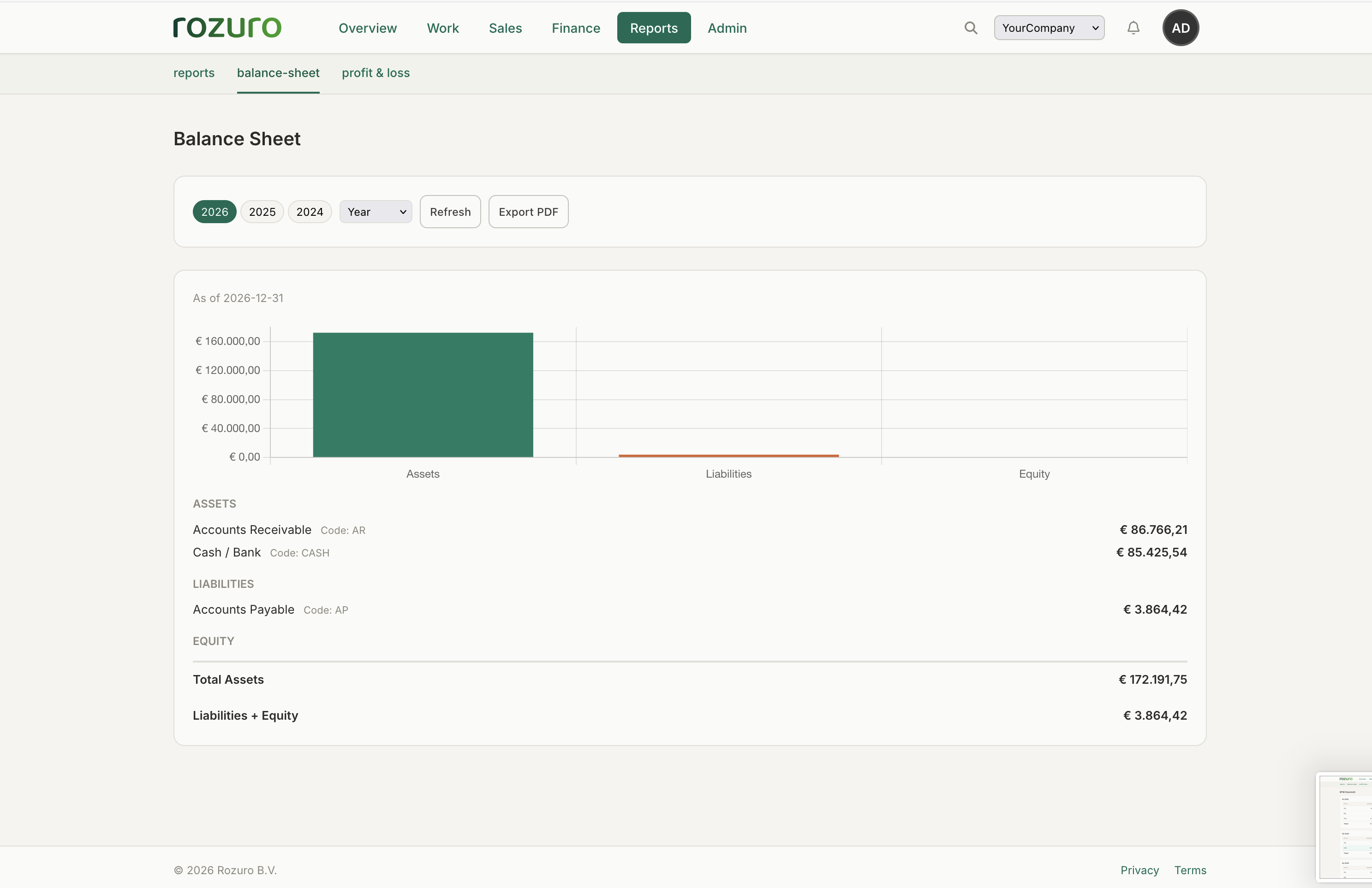 Rozuro balance sheet report with totals and account drill-down
