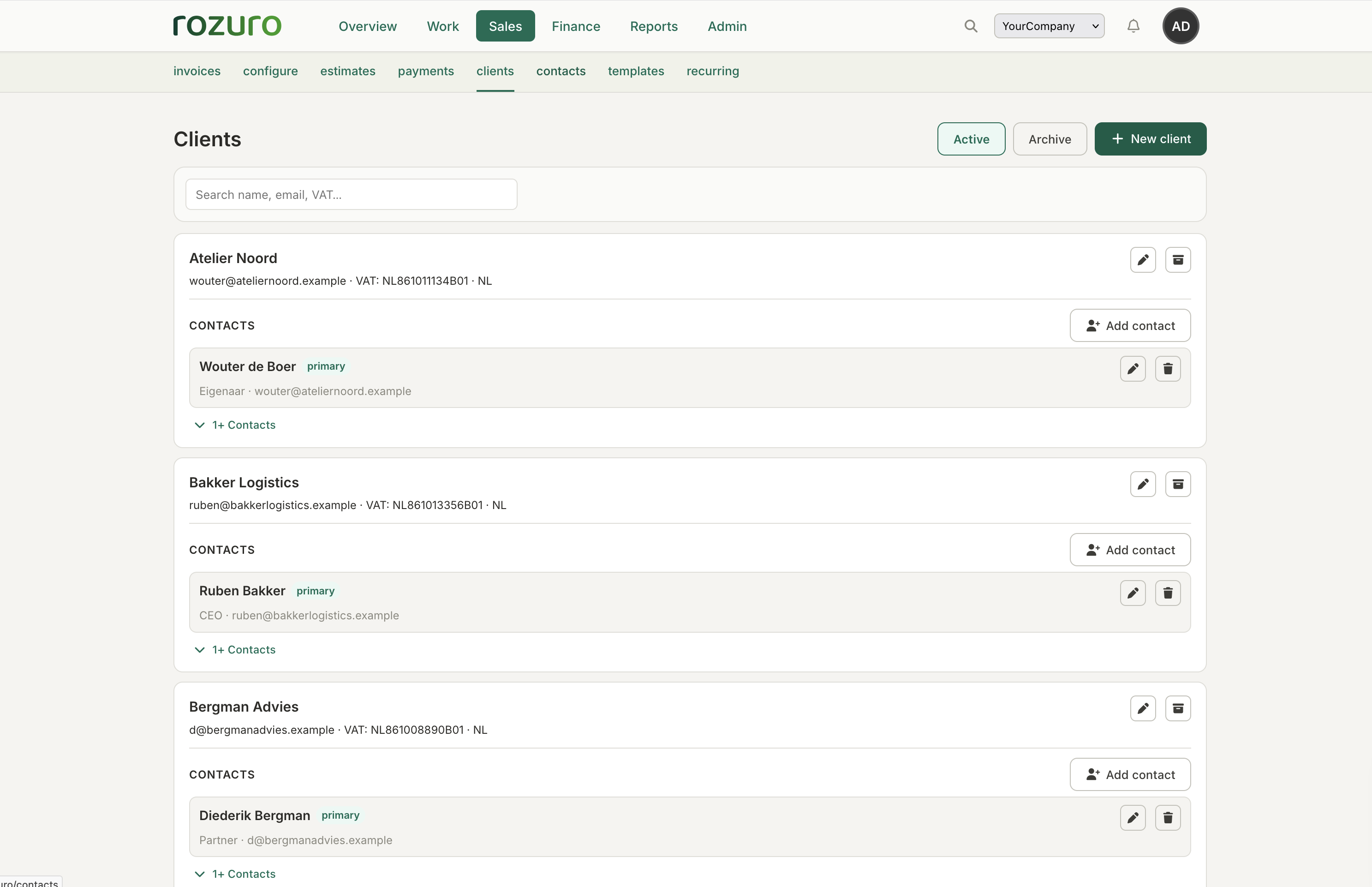 Rozuro clients list with billing details, VAT numbers, and per-client balances