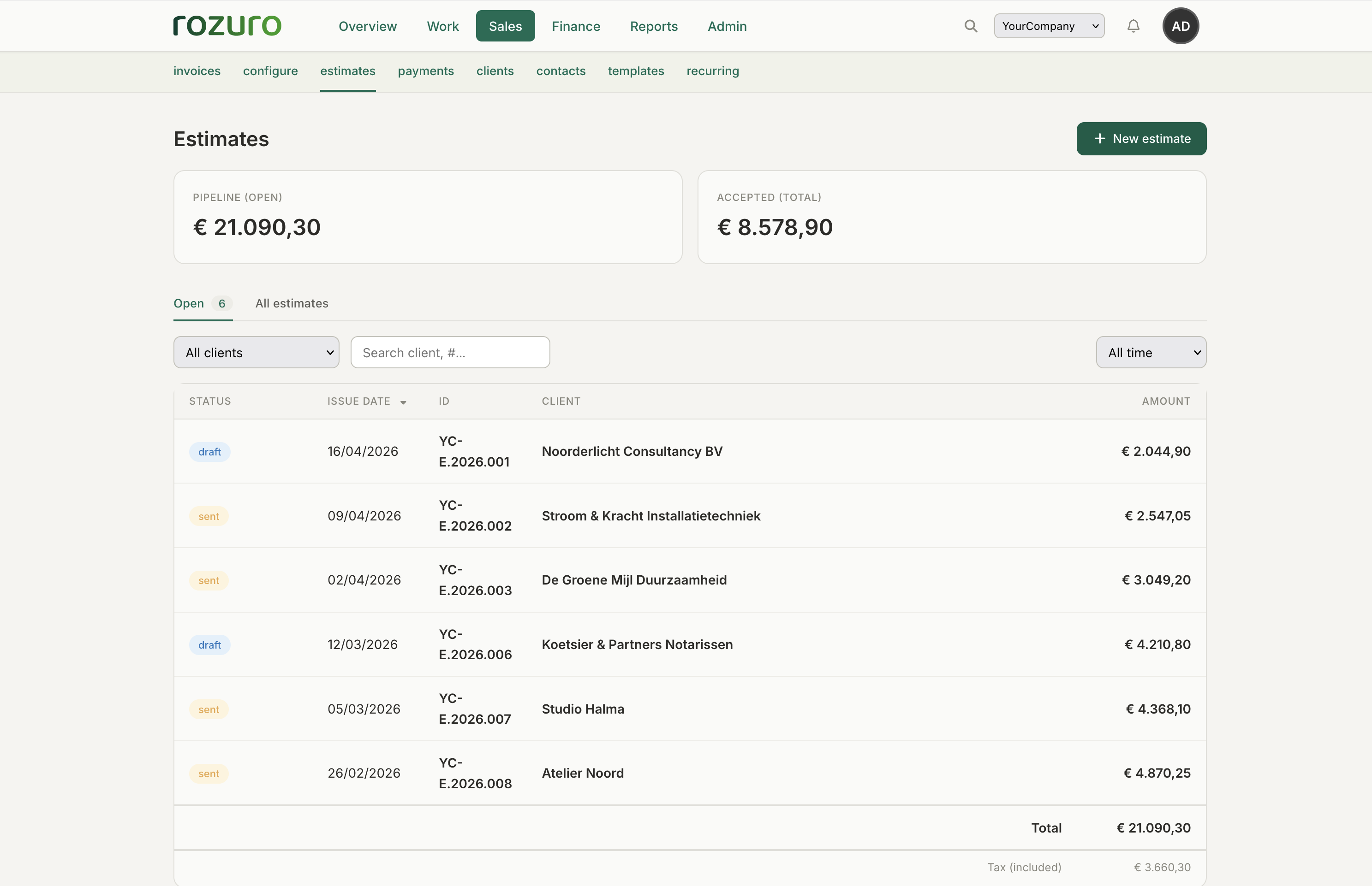 Rozuro estimates pipeline with quote-only statuses and conversion shortcut