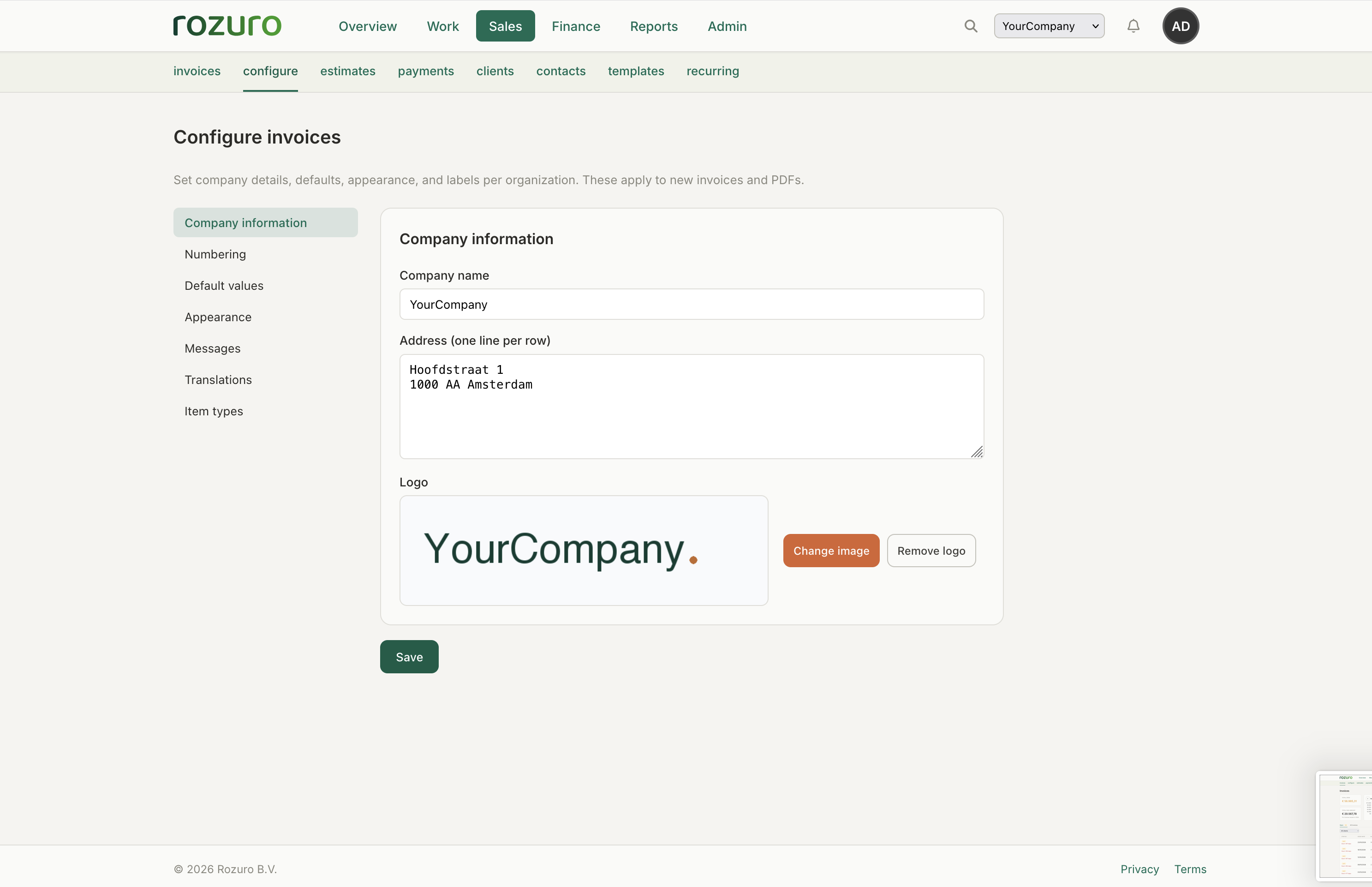 Rozuro invoice configuration screen with live preview of branding and labels
