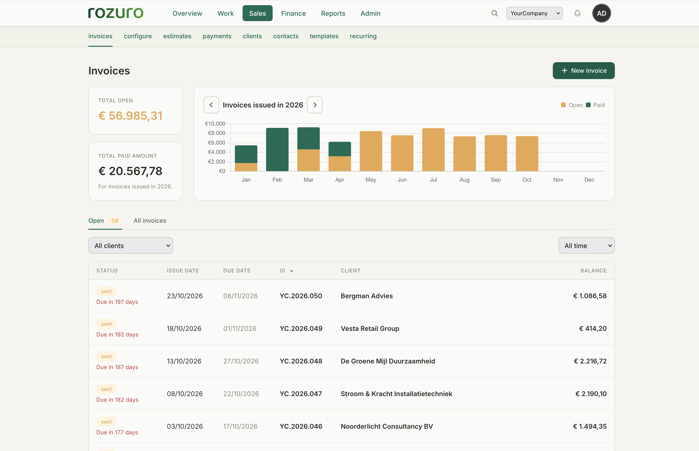Rozuro invoices list with status badges and filter chips