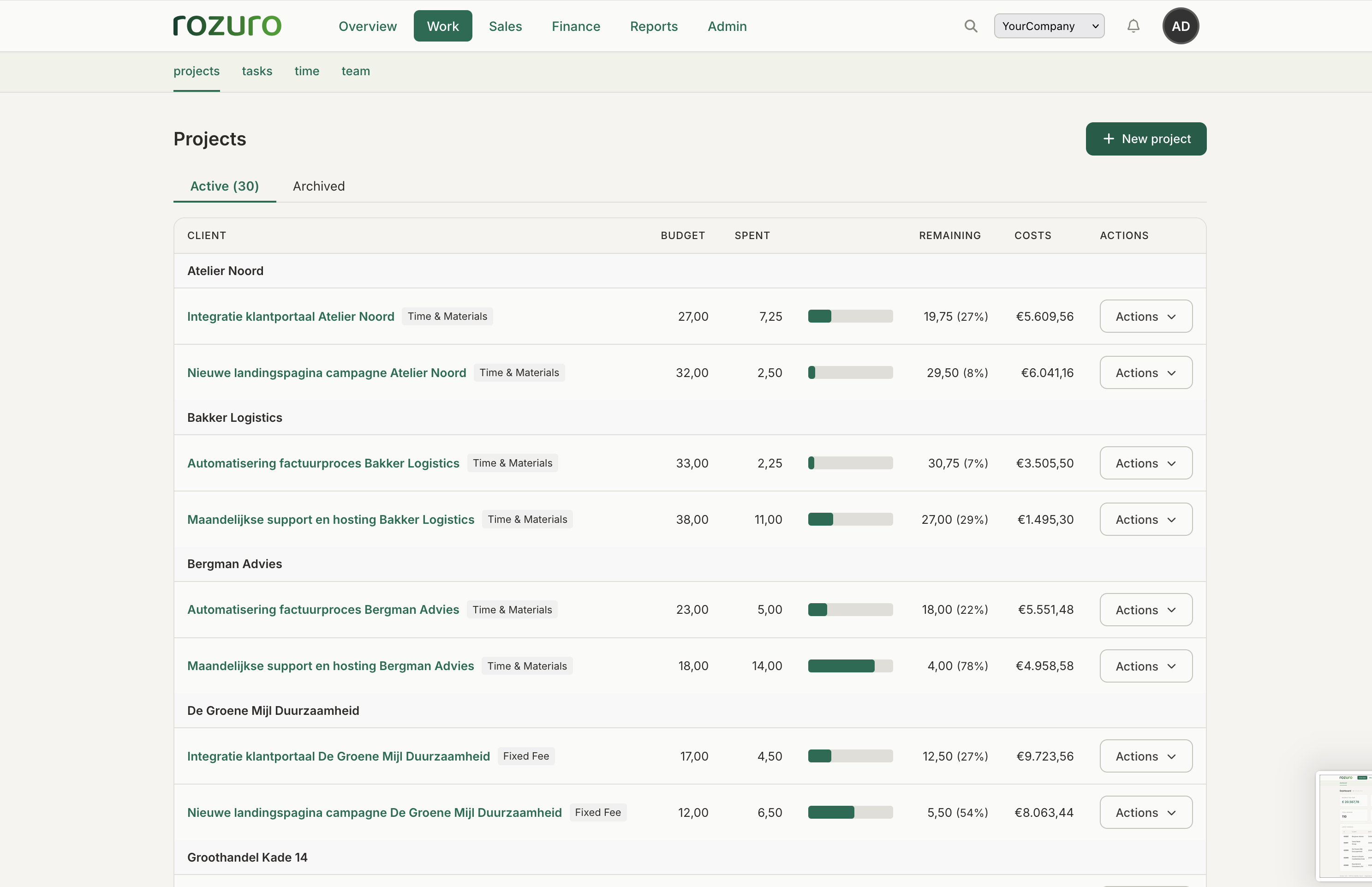 Rozuro projects screen with budgets and margin column