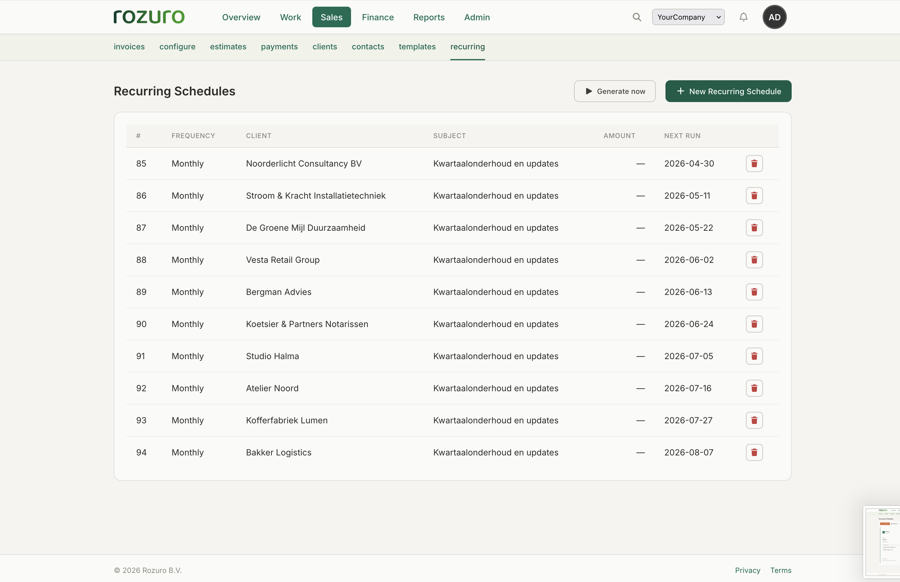 Rozuro recurring schedules with cadence, next issue date, and linked invoice