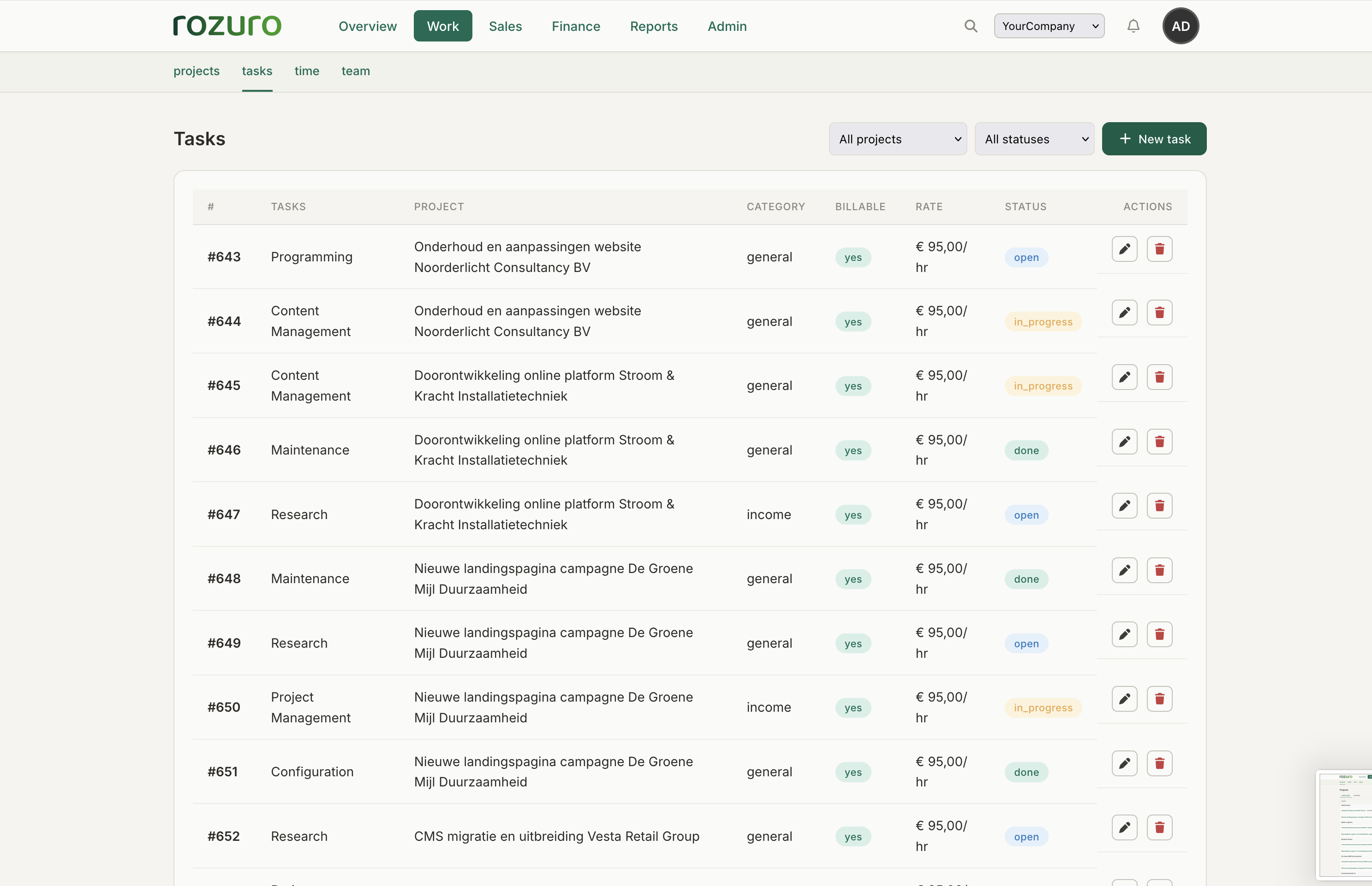 Rozuro tasks list with status, owner, due date, and accumulated time