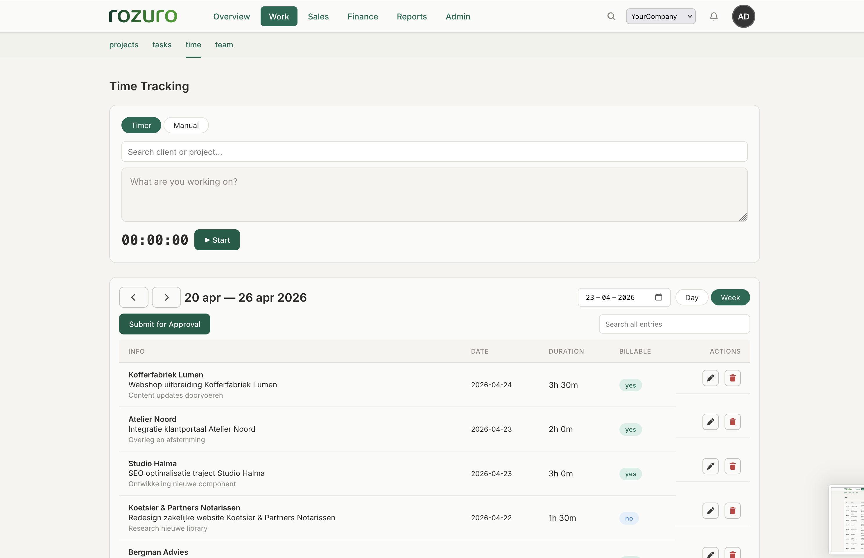 Rozuro time tracking screen with active timer and weekly entries